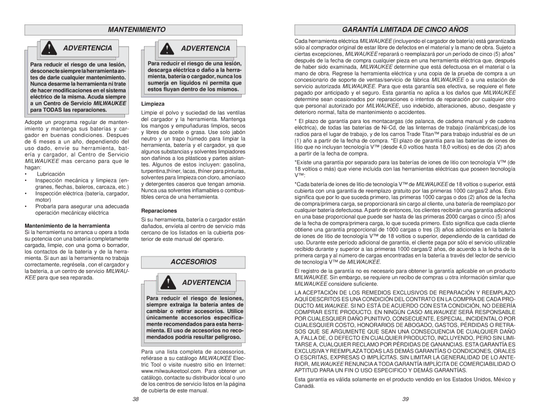 Milwaukee 0615-20 manual Mantenimiento Garantía Limitada DE Cinco Años Advertencia, Accesorios Advertencia, Limpieza 