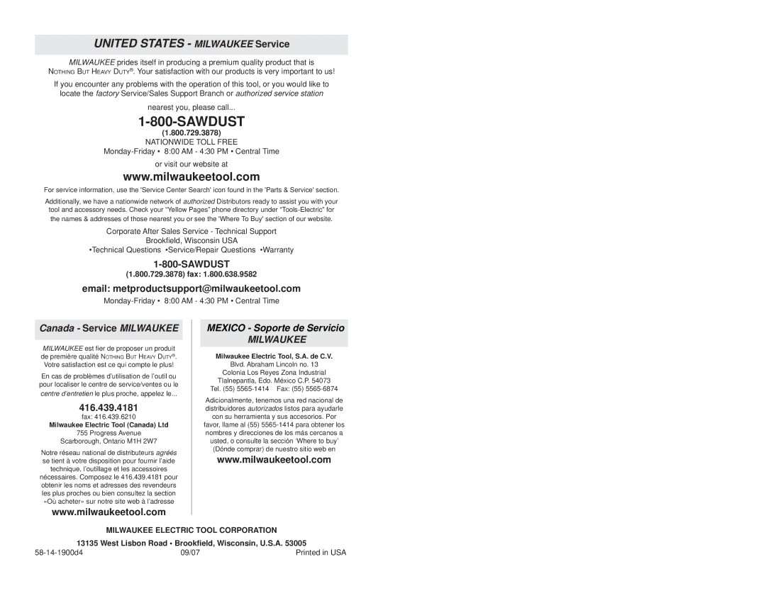 Milwaukee 0615-20 manual Canada Service Milwaukee, 800.729.3878 fax, West Lisbon Road Brookﬁeld, Wisconsin, U.S.A 