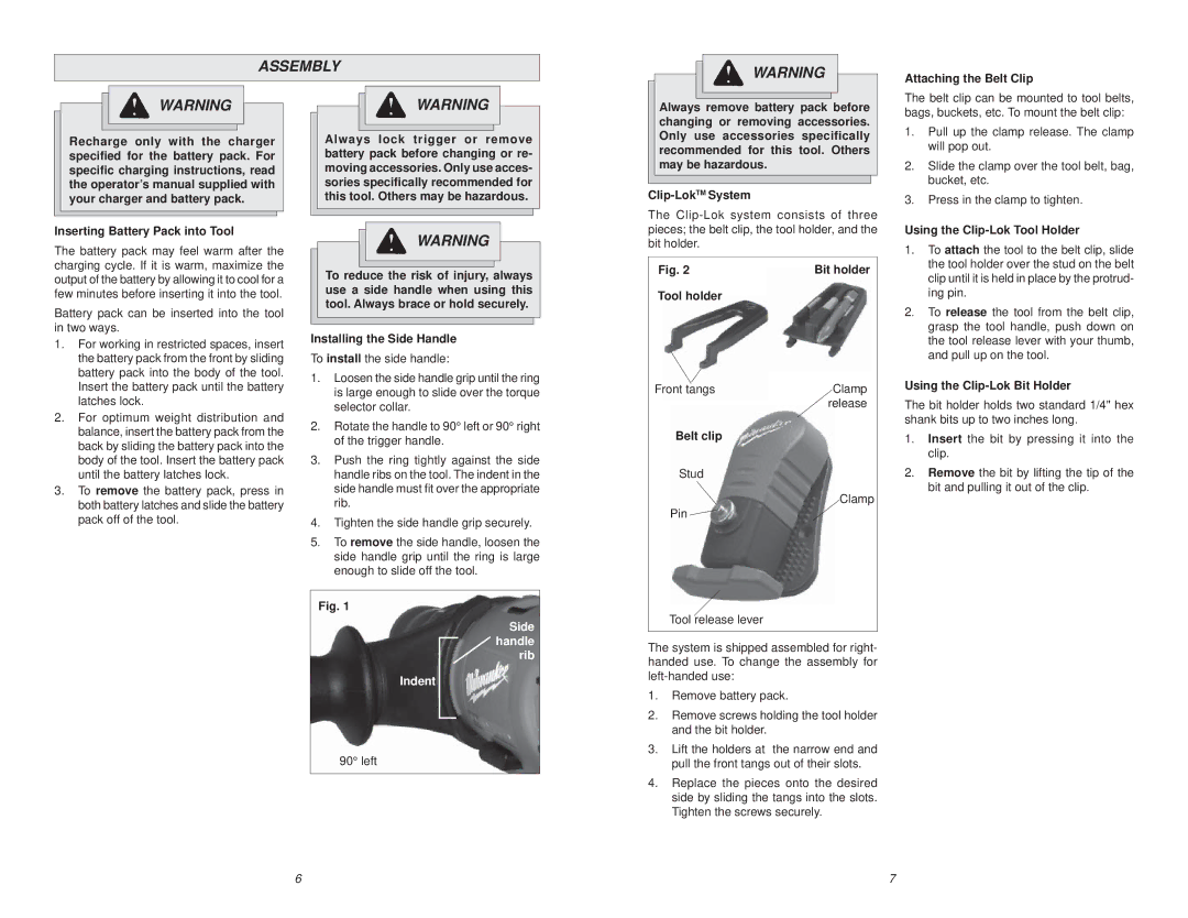 Milwaukee 0615-20 manual Assembly 