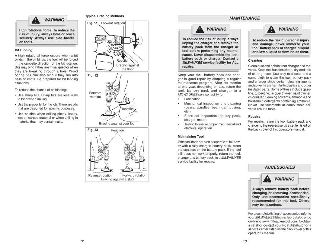 Milwaukee 0615-20 manual Maintenance, Accessories 