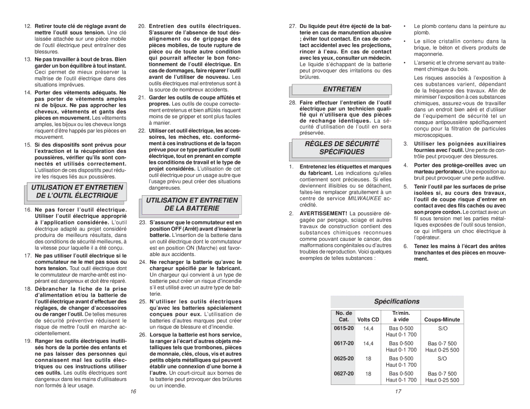Milwaukee 0615-20 Utilisation ET Entretien DE L’OUTIL Électrique, Utilisation ET Entretien DE LA Batterie, Spéciﬁcations 