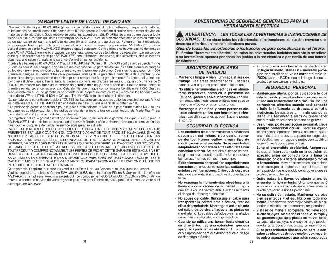 Milwaukee 0627-20 manual Garantie Limitée DE L’OUTIL DE Cinq ANS, Seguridad EN EL Área DE Trabajo, Seguridad Personal 