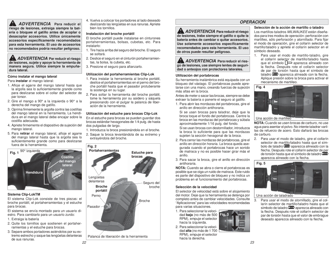 Milwaukee 0627-20 manual Operacion, Hendidura Costilla Del mango Lateral 