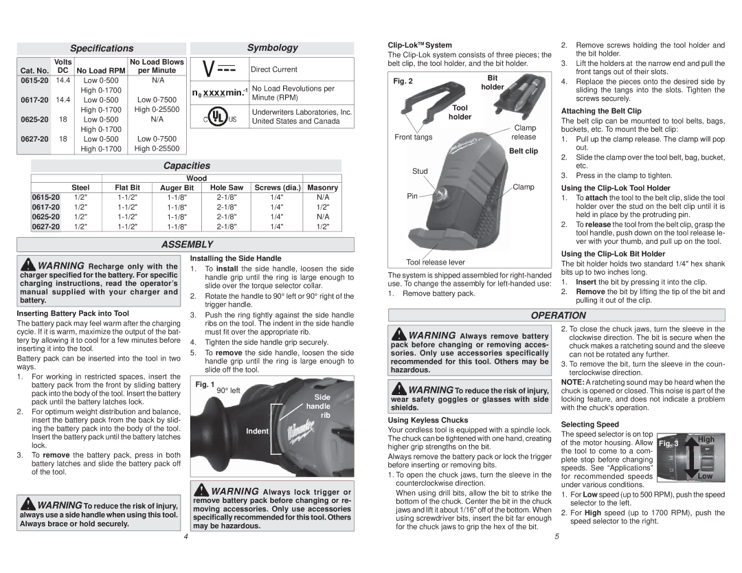 Milwaukee 0627-20 manual SpeciﬁcationsSymbology, Capacities, Assembly, Operation 