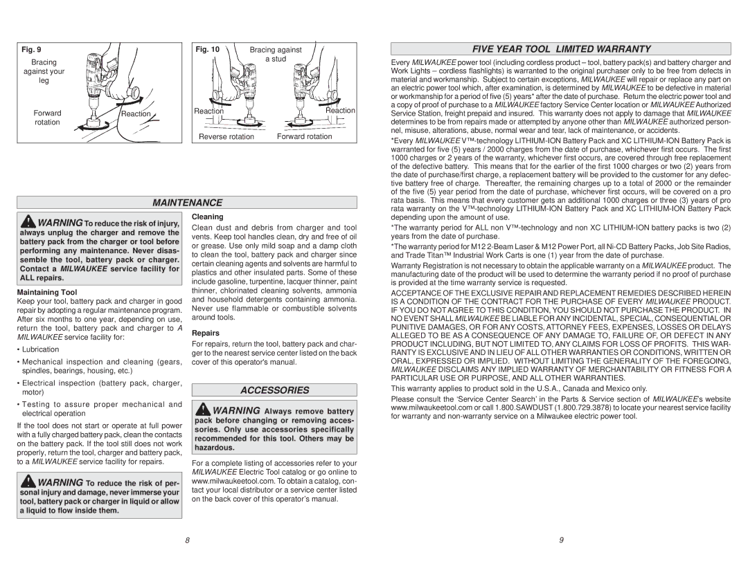 Milwaukee 0627-20 manual Five Year Tool Limited Warranty, Maintenance, Accessories 