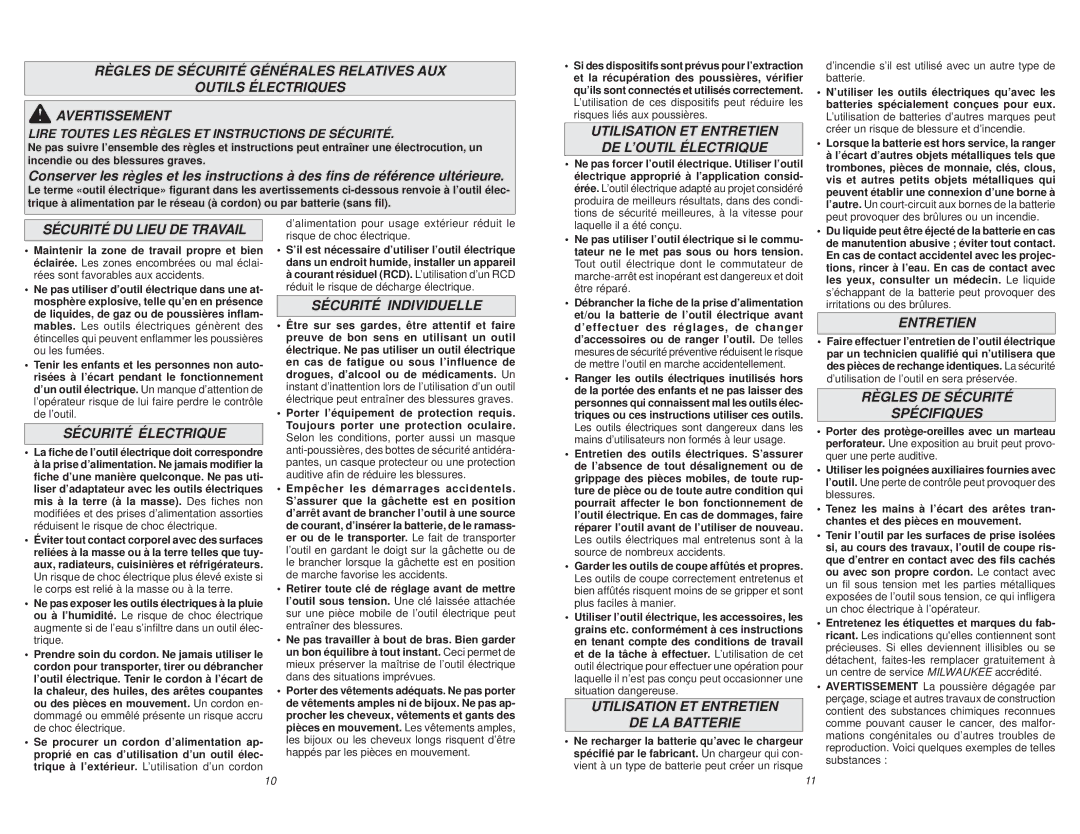 Milwaukee 0627-20 manual Utilisation ET Entretien DE L’OUTIL Électrique, Sécurité DU Lieu DE Travail, Sécurité Électrique 