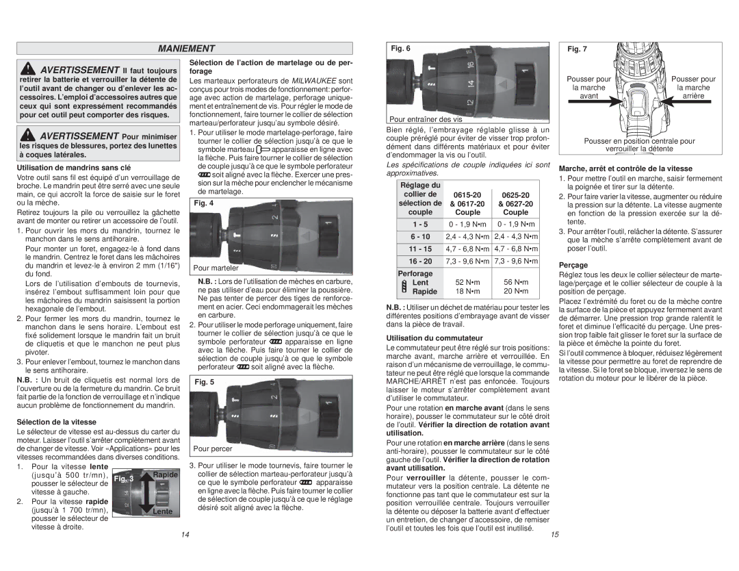 Milwaukee 0627-20 manual Maniement 