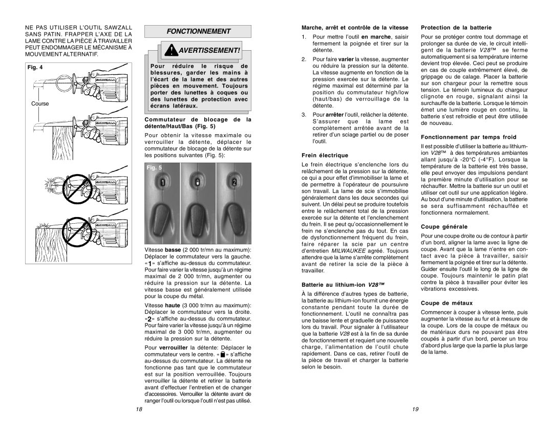 Milwaukee 0719-20 manual Fonctionnement Avertissement 