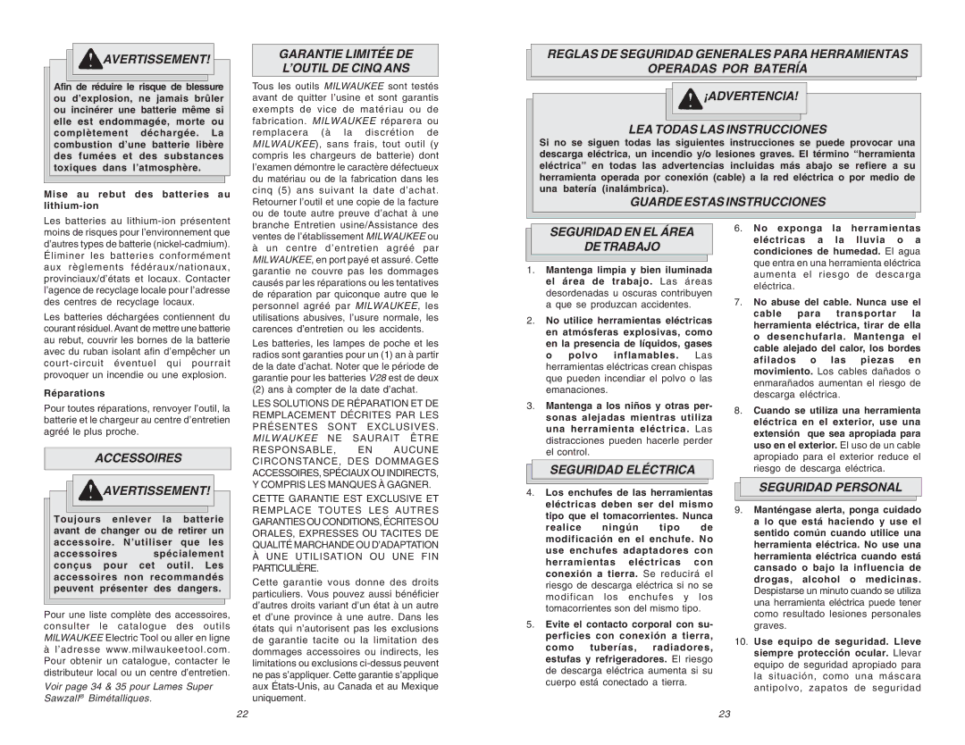 Milwaukee 0719-20 manual Garantie Limitée DE ’OUTIL DE Cinq ANS, Guarde Estas Instrucciones, Accessoires Avertissement 