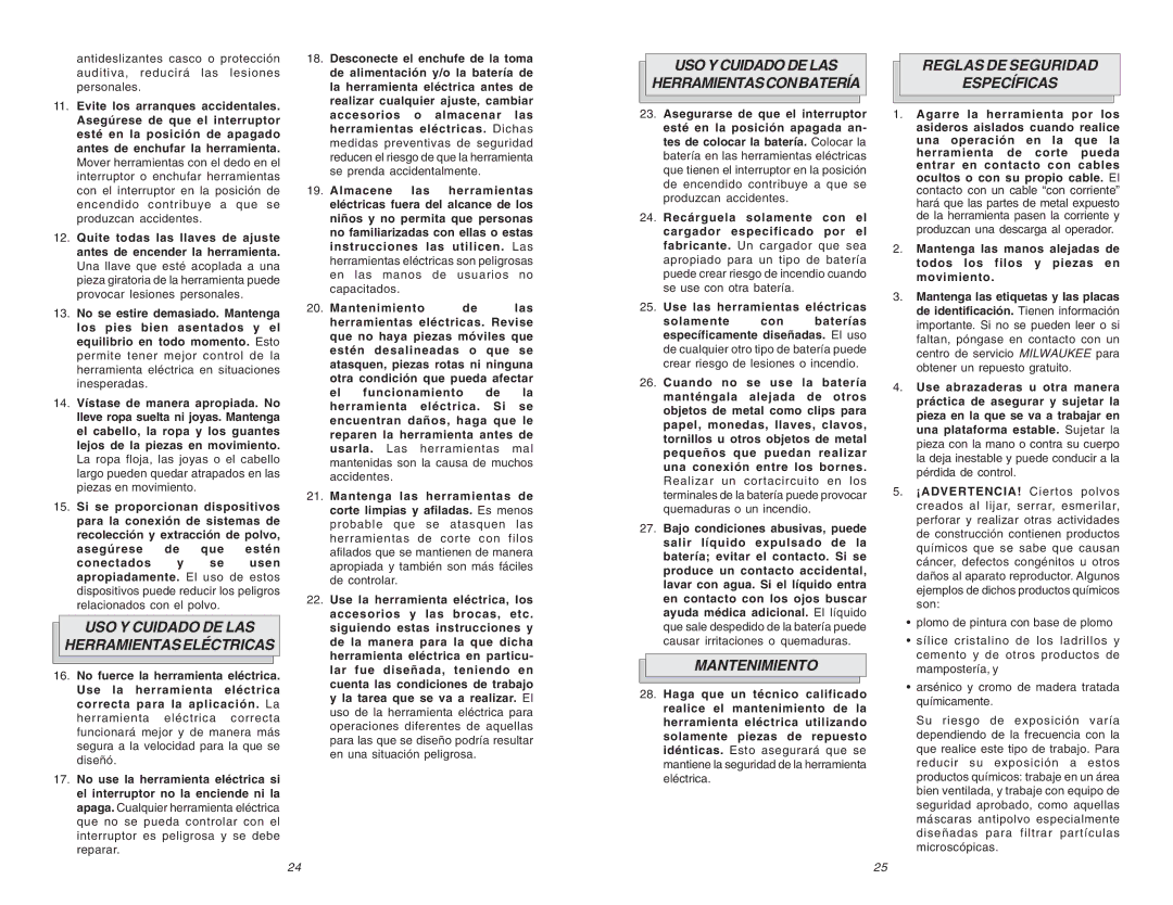 Milwaukee 0719-20 manual USO Y Cuidado DE LAS Reglas DE Seguridad, Específicas, USO Y Cuidado DE LAS Herramientaseléctricas 