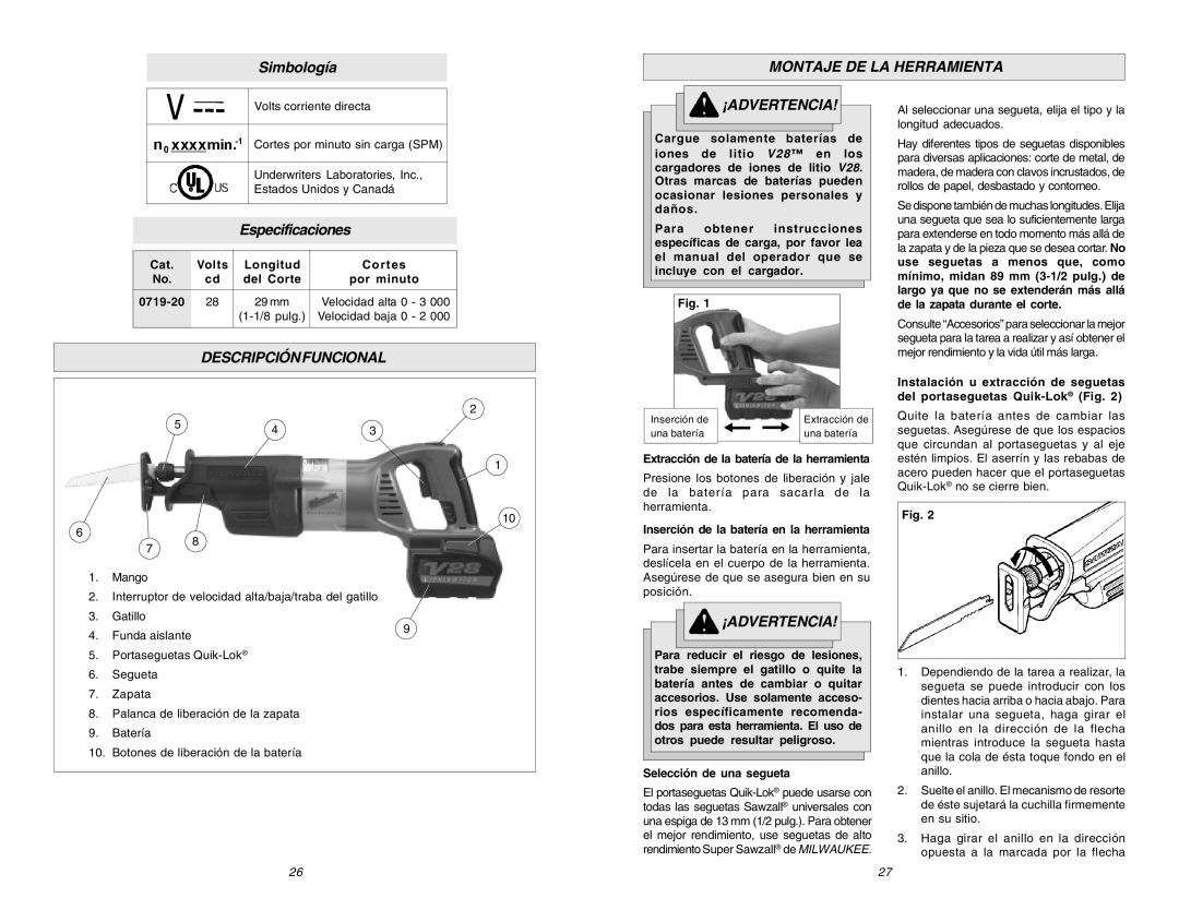 Milwaukee 0719-20 manual Montaje DE LA Herramienta, Descripciónfuncional 