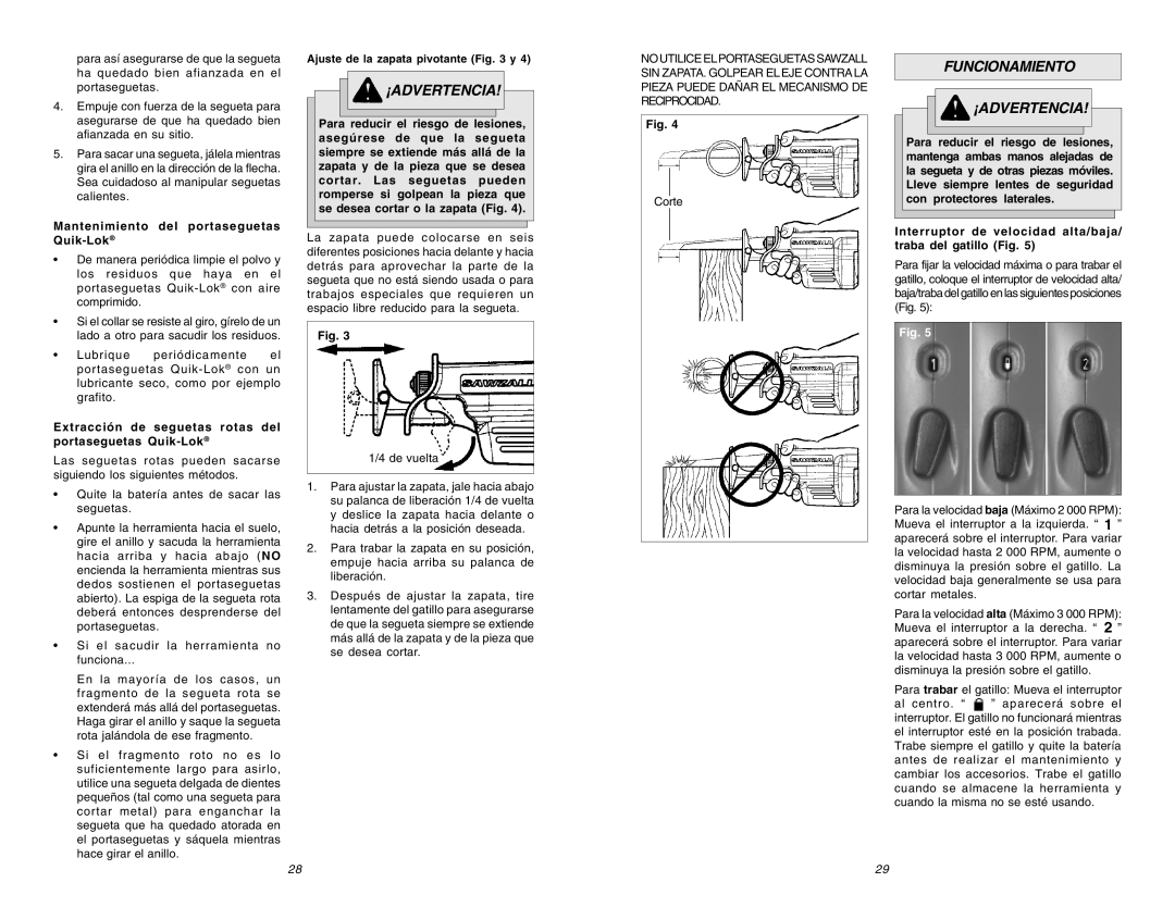 Milwaukee 0719-20 manual Funcionamiento ¡ADVERTENCIA, Mantenimiento del portaseguetas Quik-Lok 