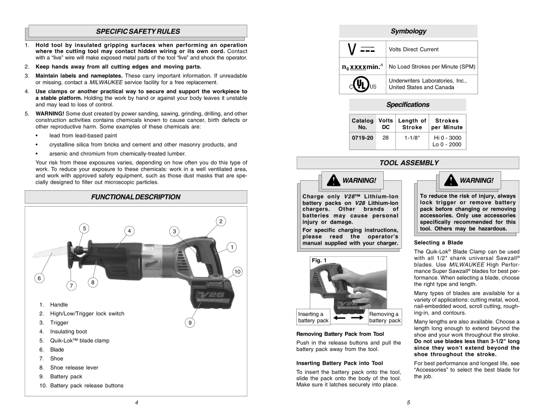 Milwaukee 0719-20 manual Specific Safety Rules, Tool Assembly, Functionaldescription 