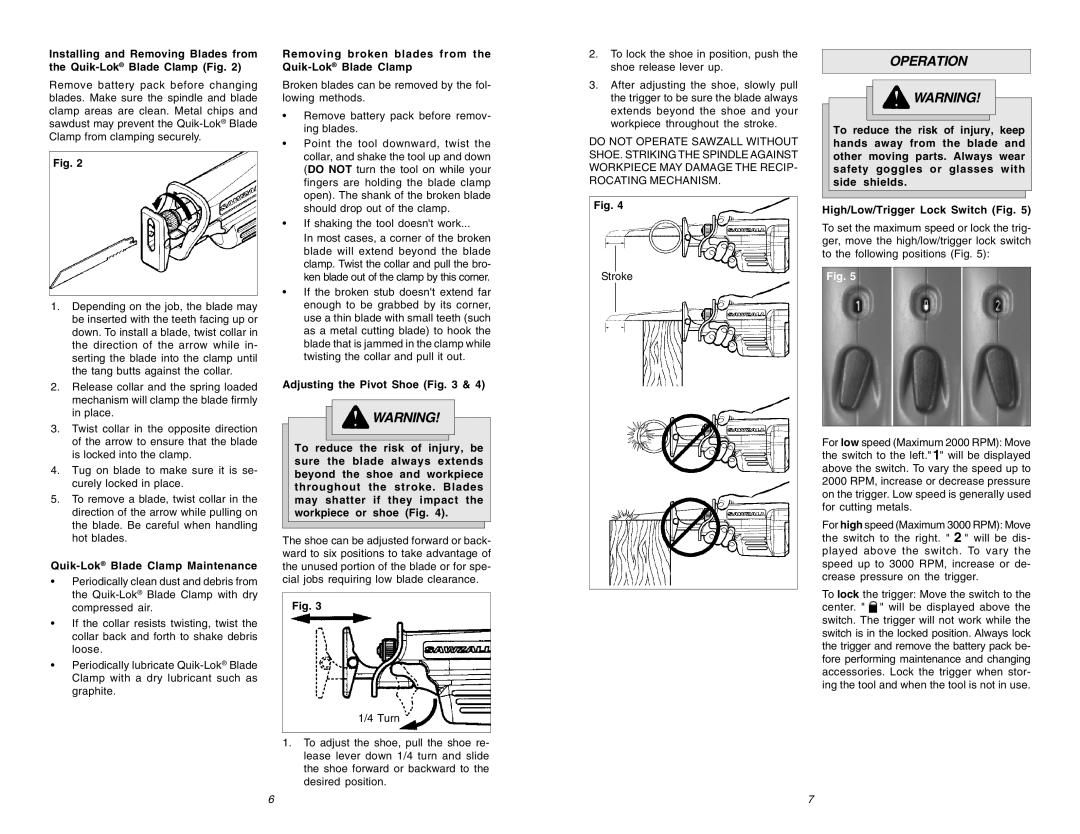 Milwaukee 0719-20 manual Operation, Quik-LokBlade Clamp Maintenance, Removing broken blades from the Quik-LokBlade Clamp 