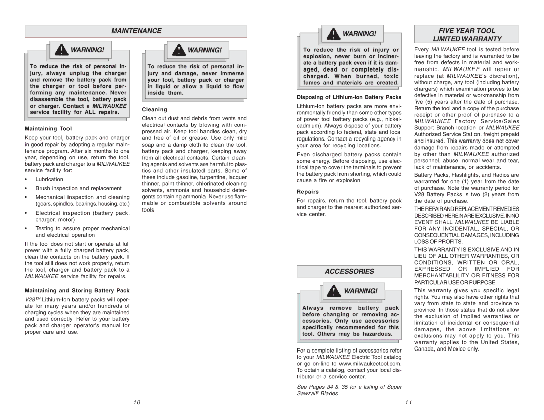 Milwaukee 0719-20 manual Maintenance Five Year Tool Limited Warranty, Accessories, Maintaining Tool, Repairs 