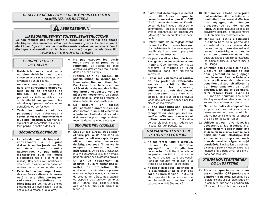 Milwaukee 0719-20 Conserver CES Instructions, Sécurité DU Lieu DE Travail, Sécurité Électrique, Sécurité Individuelle 