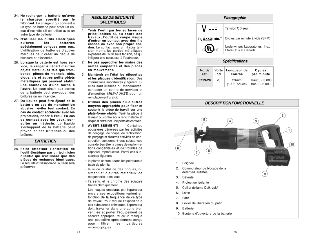 Milwaukee 0719-20 manual Entretien, Règles DE Sécurité Spécifiques, Descriptionfonctionnelle 