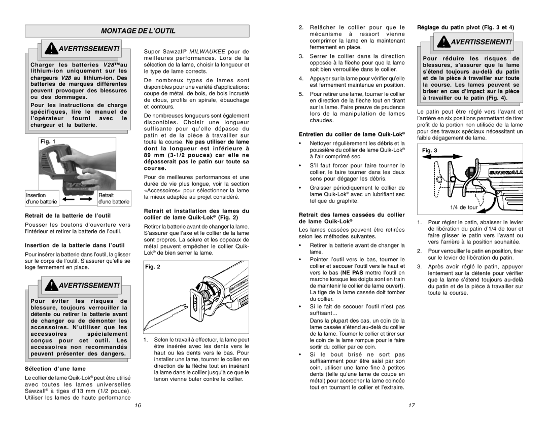 Milwaukee 0719-20 manual Montage DE L’OUTIL 