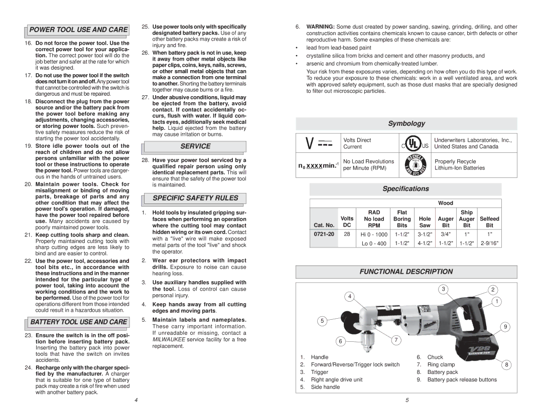 Milwaukee 0721-20 manual Power Tool USE and Care, Battery Tool USE and Care, Service, Specific Safety Rules 