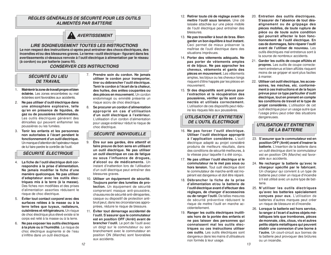 Milwaukee 0721-20 Conserver CES Instructions, Sécurité DU Lieu DE Travail, Sécurité Électrique, Sécurité Individuelle 