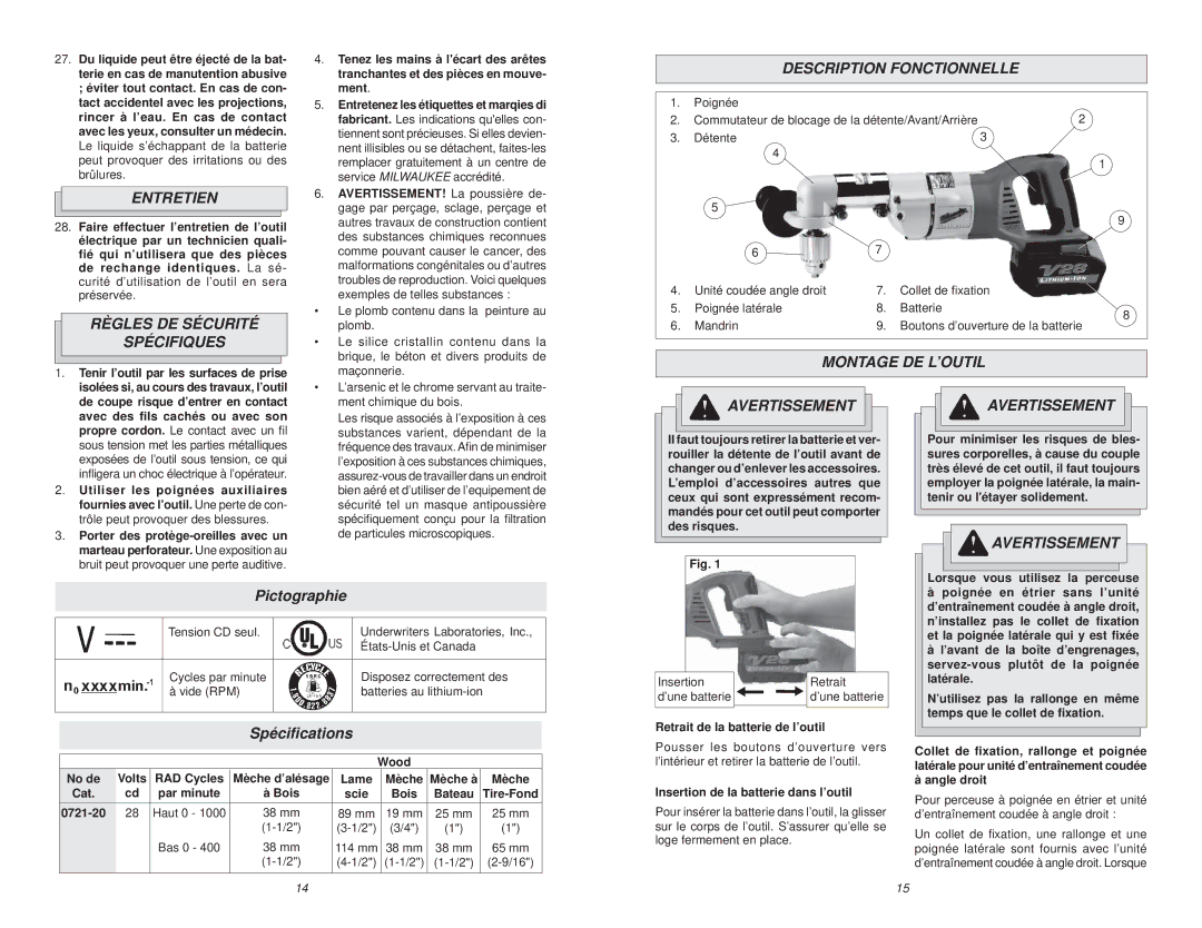 Milwaukee 0721-20 manual Entretien, Règles DE Sécurité Spécifiques, Description Fonctionnelle, Montage DE L’OUTIL 