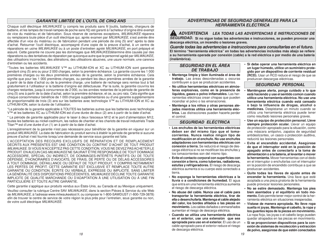 Milwaukee 0724-20 manual Garantie Limitée DE L’OUTIL DE Cinq ANS, Seguridad EN EL Área DE Trabajo, Seguridad Personal 