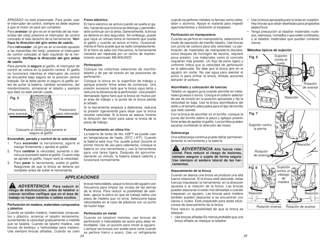 Milwaukee 0724-20 manual Applicaciones 