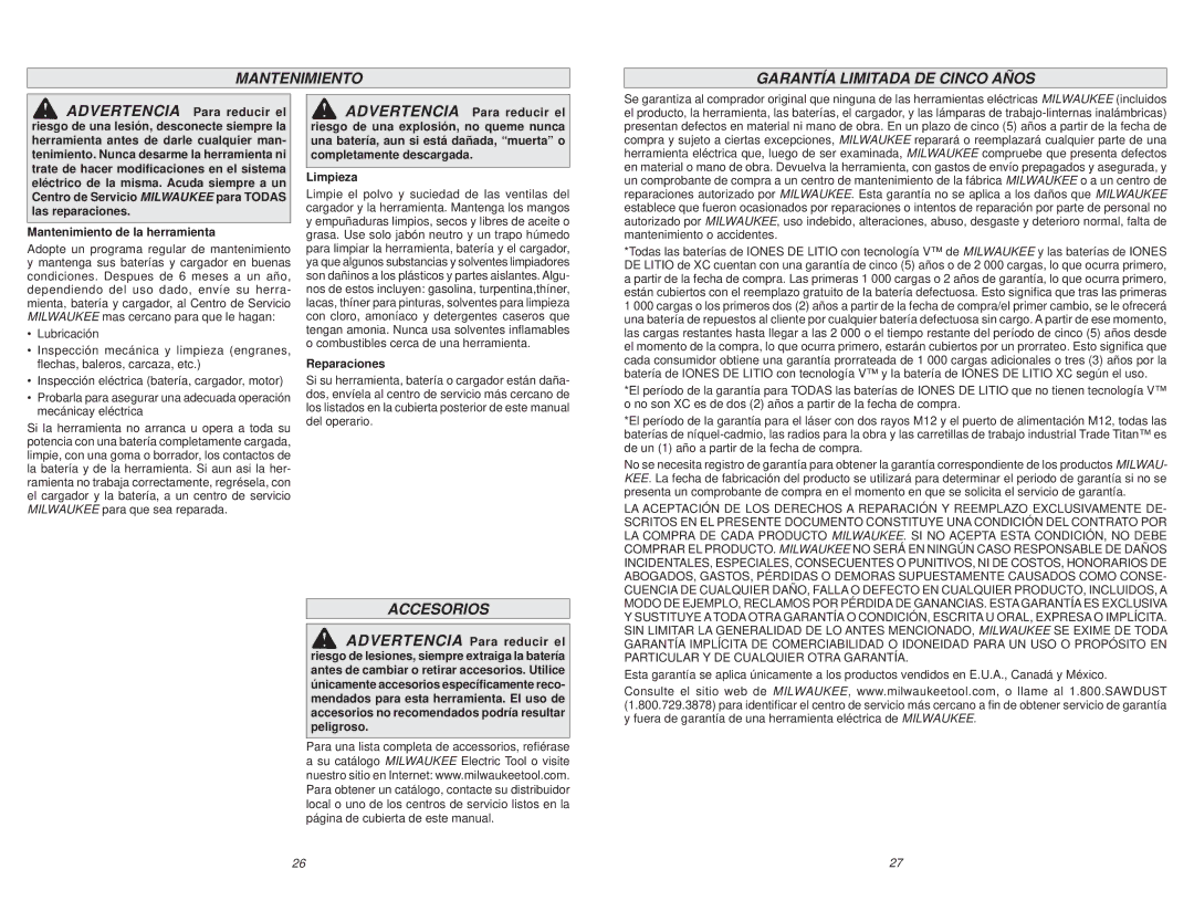 Milwaukee 0724-20 Mantenimiento Garantía Limitada DE Cinco Años, Accesorios, Mantenimiento de la herramienta, Reparaciones 