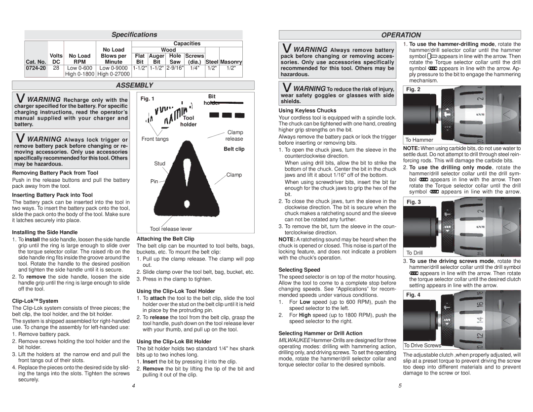 Milwaukee 0724-20 manual Speciﬁcations, Operation, Assembly 