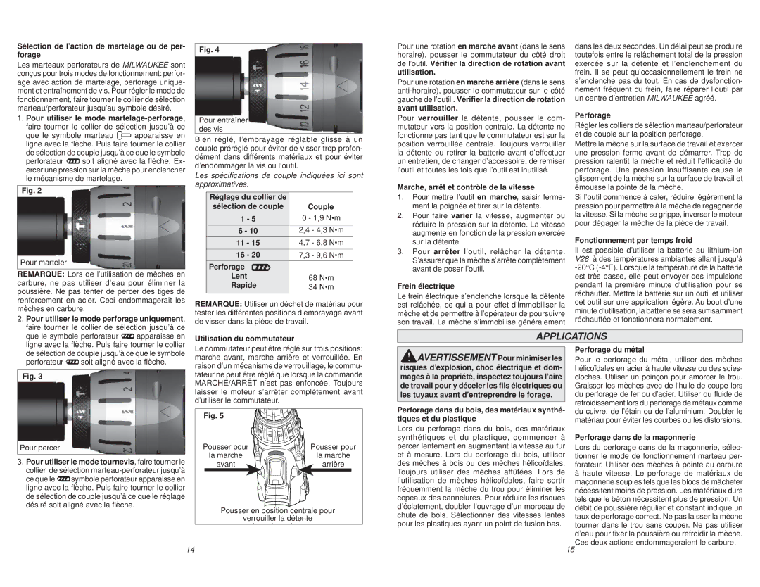 Milwaukee 0724-20 Sélection de l’action de martelage ou de per- forage, 9 Nm, 4,3 Nm, 6,8 Nm, 9,6 Nm, Frein électrique 