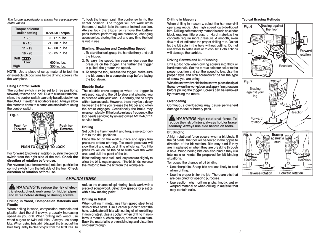 Milwaukee 0724-20 manual Applications, The torque speciﬁcations shown here are approxi- mate values 