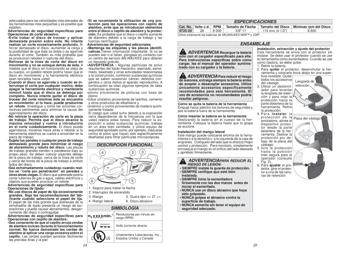 Milwaukee 0725-20 manual Especificaciones, Ensamblaje, Descripcion Funcional, Simbología 