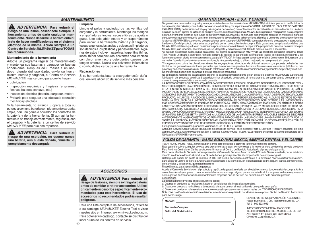 Milwaukee 0725-20 manual Accesorios, Garantía Limitada E.U.A. Y Canadá, Mantenimiento de la herramienta, Reparaciones 