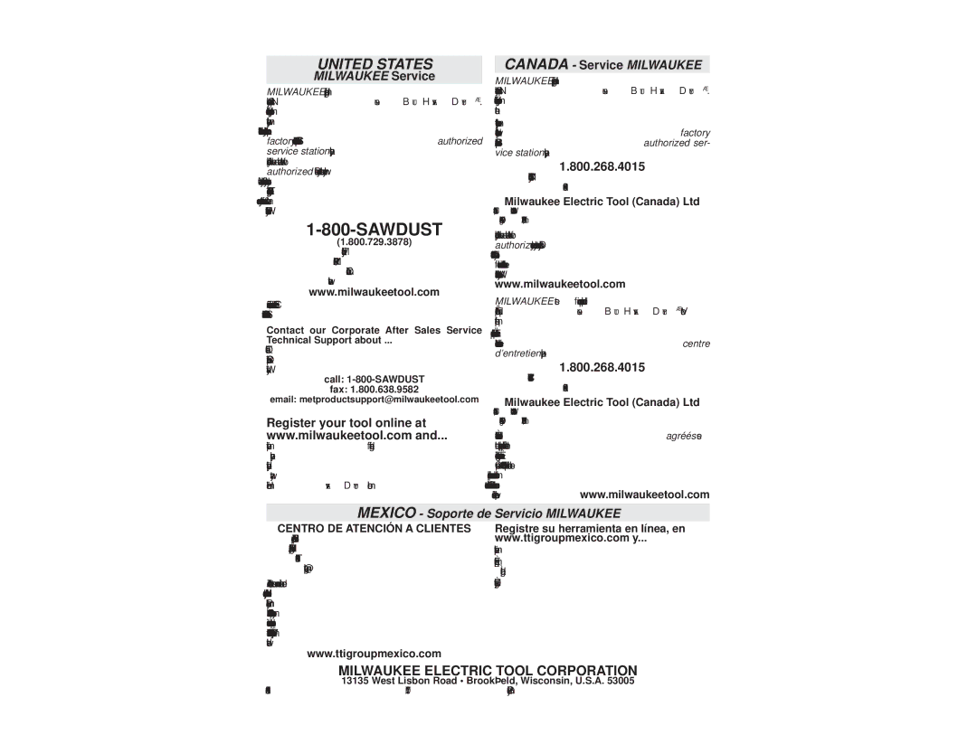 Milwaukee 0725-20 manual 800.729.3878, Call 1-800-SAWDUST Fax, West Lisbon Road Brookﬁeld, Wisconsin, U.S.A 