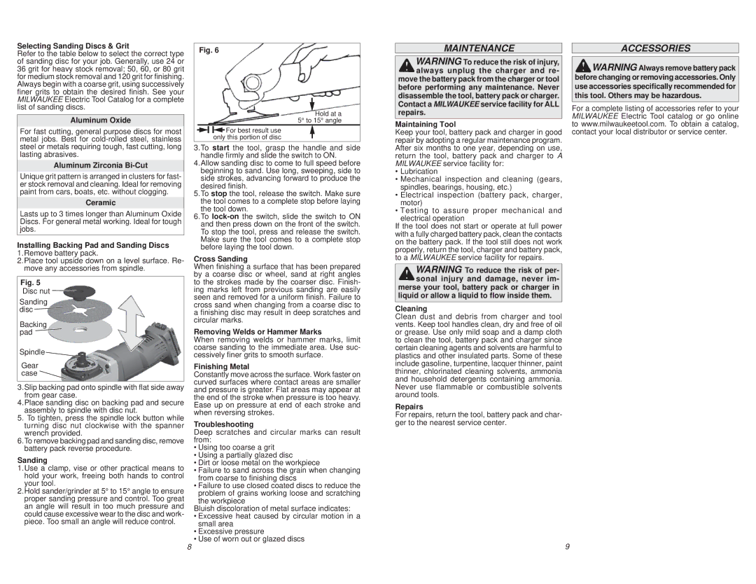 Milwaukee 0725-20 manual Maintenance, Accessories 