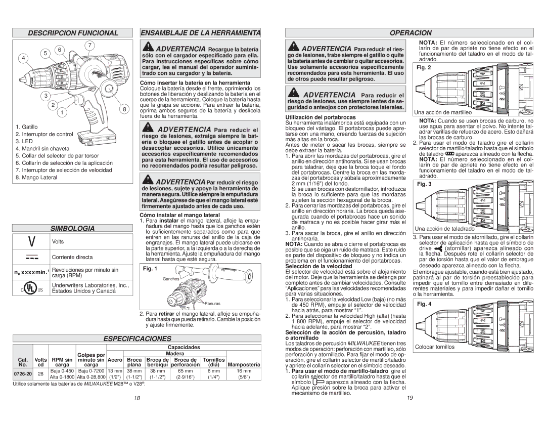 Milwaukee 0726-20 manual Simbologia, Especificaciones 