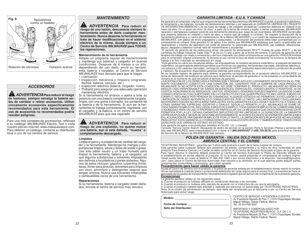 Milwaukee 0726-20 manual Accesorios, Garantía Limitada E.U.A. Y Canadá 