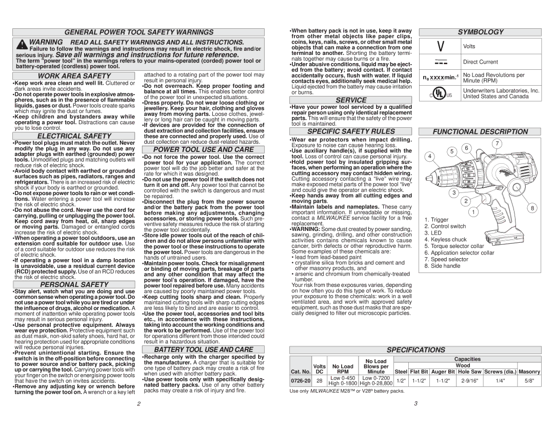 Milwaukee 0726-20 manual General Power Tool Safety Warnings, Symbology, Work Area Safety, Electrical Safety, Service 