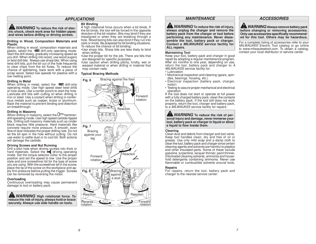 Milwaukee 0726-20 manual Applications Maintenance Accessories 