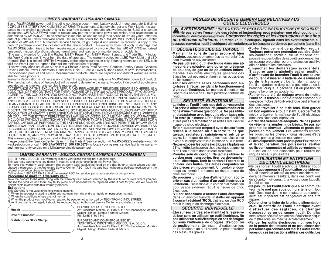 Milwaukee 0726-20 manual Sécurité DU Lieu DE Travail, Sécurité Électrique, Sécurité Individuelle 