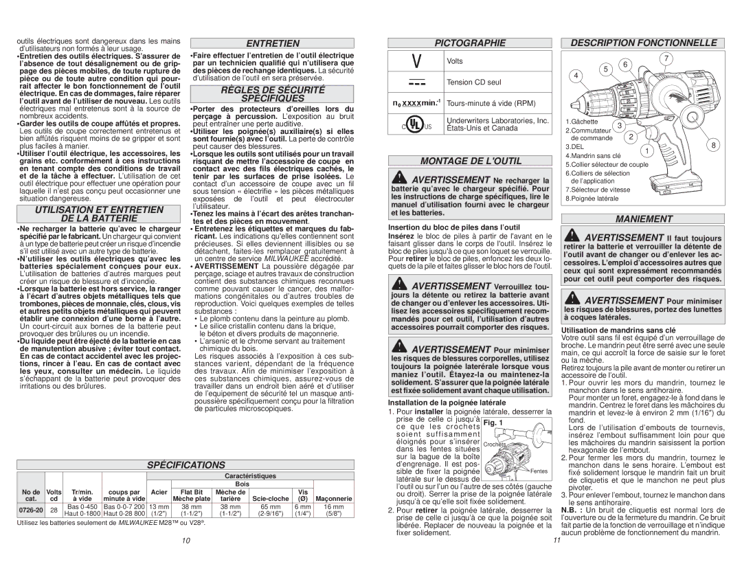 Milwaukee 0726-20 Utilisation ET Entretien DE LA Batterie, Règles DE Sécurité Spécifiques, Pictographie, Montage DE Loutil 