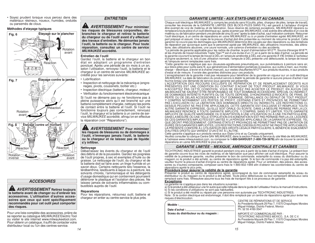 Milwaukee 0726-20 manual Accesoires, Garantie Limitée AUX ÉTATS-UNIS ET AU Canada 