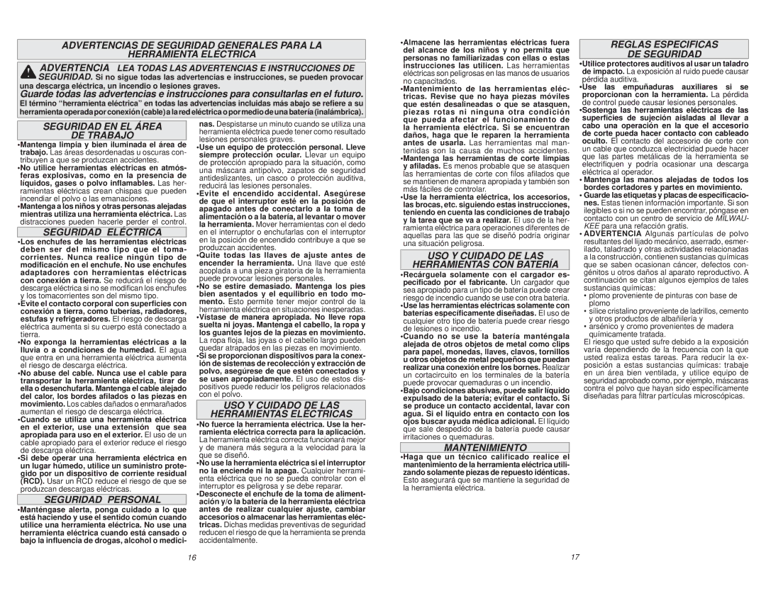 Milwaukee 0726-20 Reglas Especificas DE Seguridad, Seguridad EN EL Área DE Trabajo, Seguridad Eléctrica, Mantenimiento 