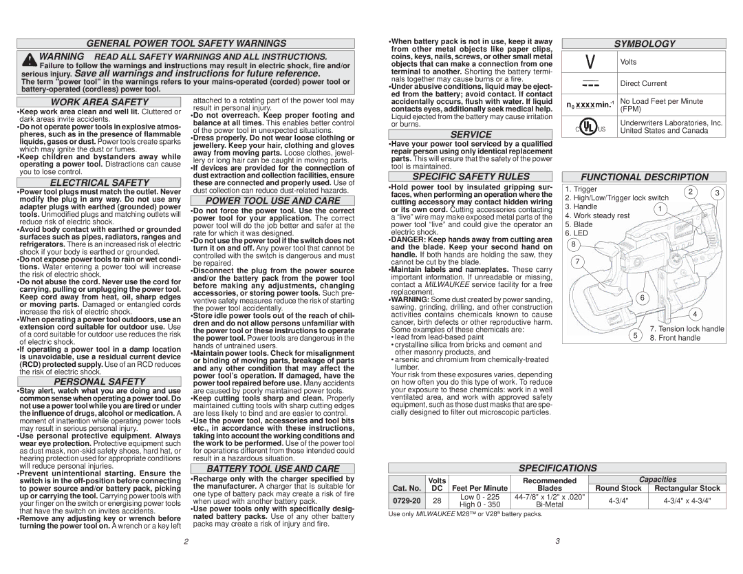 Milwaukee 0729-20 General Power Tool Safety Warnings, Symbology, Work Area Safety, Electrical Safety, Personal Safety 