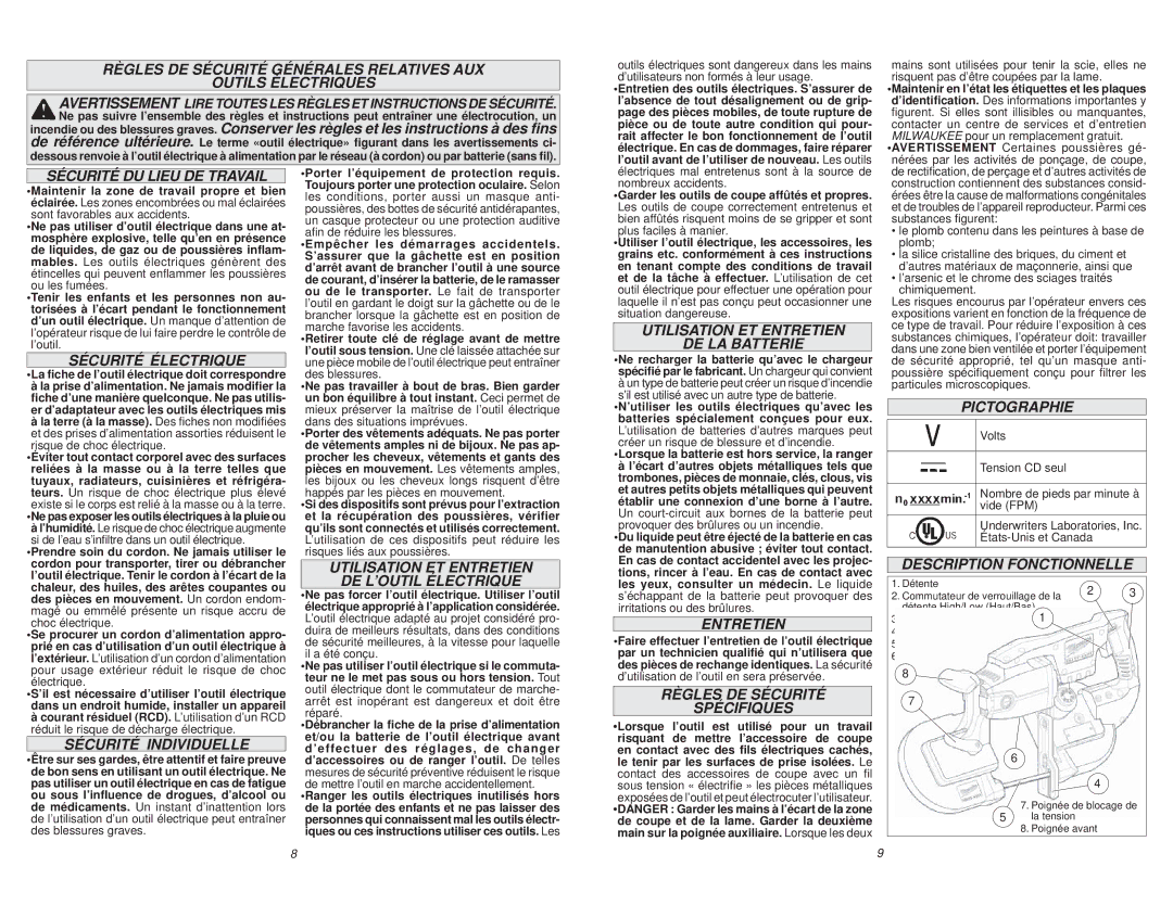 Milwaukee 0729-20 manual Sécurité DU Lieu DE Travail, Sécurité Électrique, Sécurité Individuelle, Entretien, Pictographie 