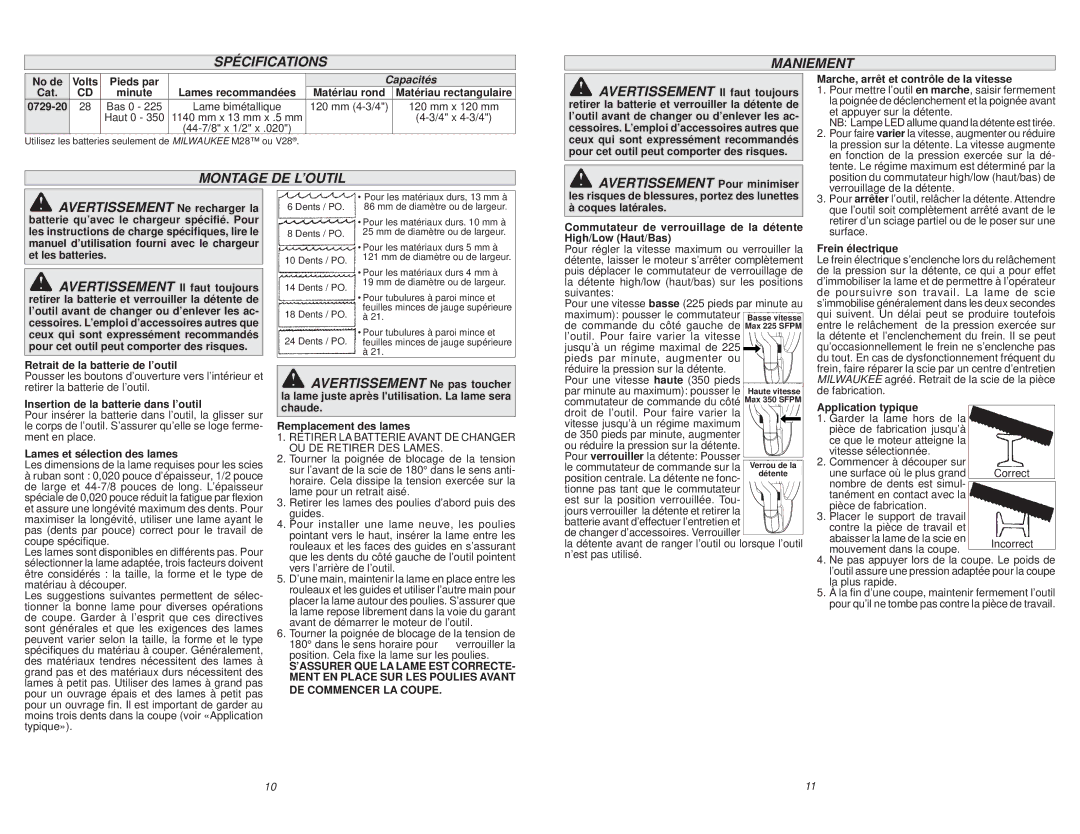 Milwaukee 0729-20 manual Spécifications Maniement, Montage DE L’OUTIL, Capacités 