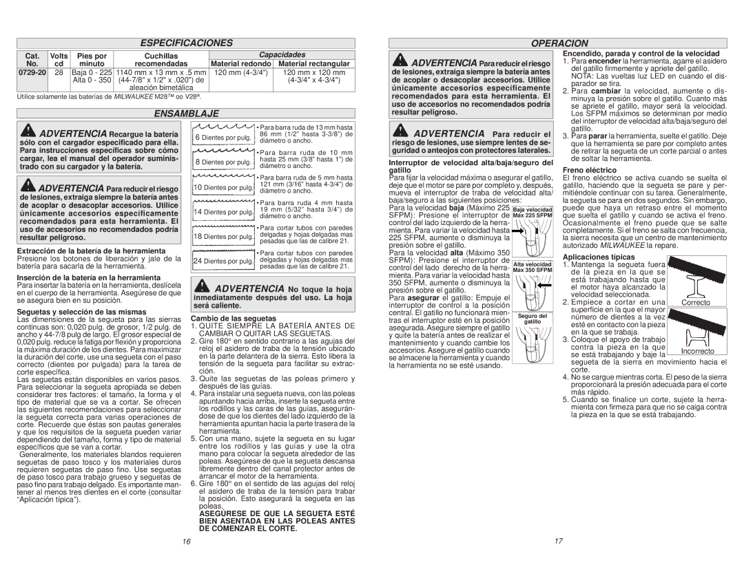 Milwaukee 0729-20 manual Especificaciones Operacion, Ensamblaje, Capacidades 