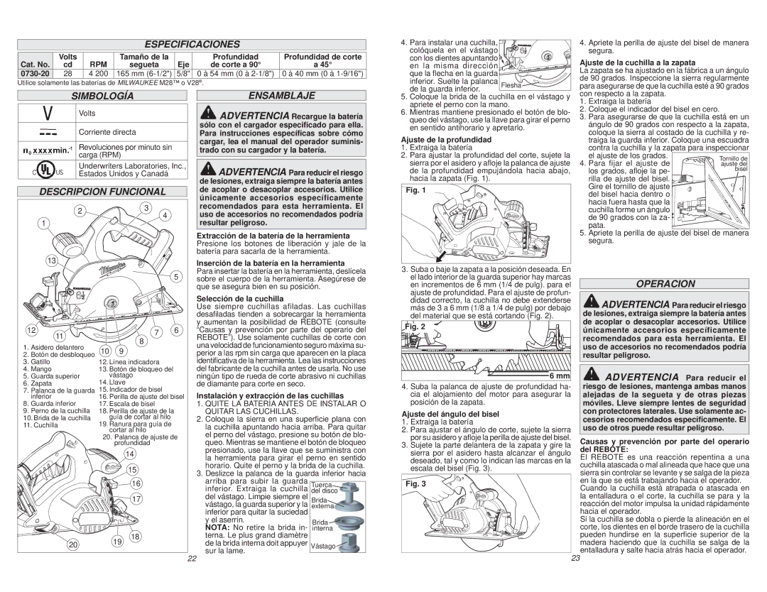 Milwaukee 0730-20 manual Especificaciones, Simbología, Descripcion Funcional Ensamblaje, Operacion 