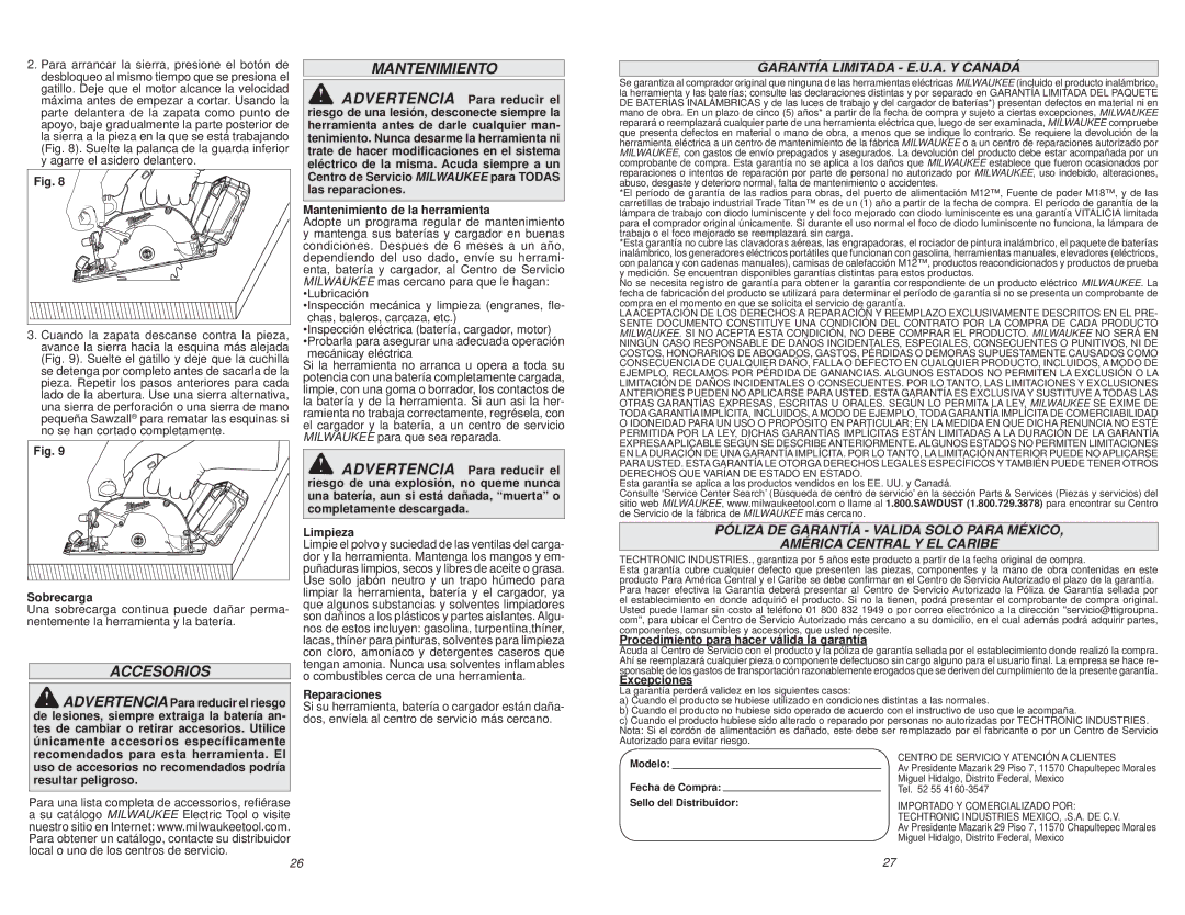 Milwaukee 0730-20 manual Accesorios, Garantía Limitada E.U.A. Y Canadá 
