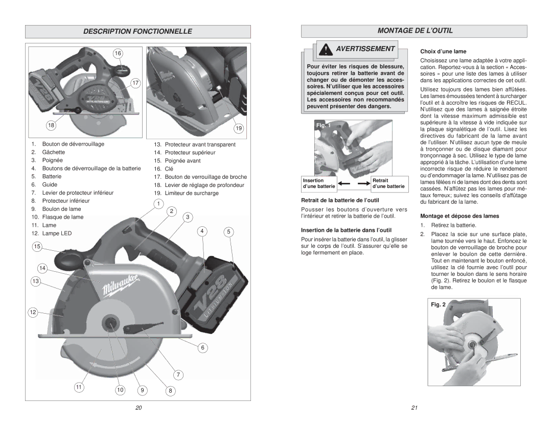 Milwaukee 0740-20 manual Description Fonctionnelle Montage DE L’OUTIL Avertissement, Choix d’une lame 
